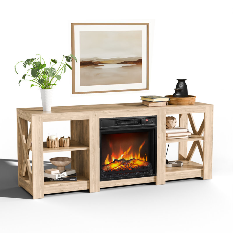 58" Fireplace Console + 18" Electric Insert – 3-section Storage Design, Remote For Living Room/indoor Ambiance, Oak Wood