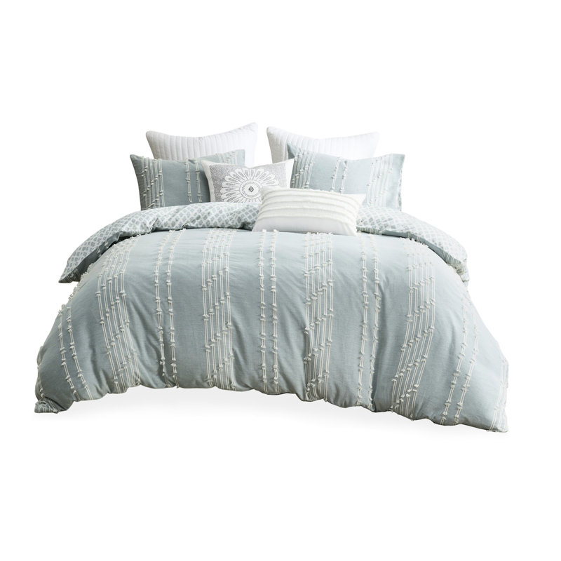 Housse de couette pour lit double / grand en coton, motif à rayures imprimées et attaches de coin à l'intérieur pour 3 pièces de lit, attaches