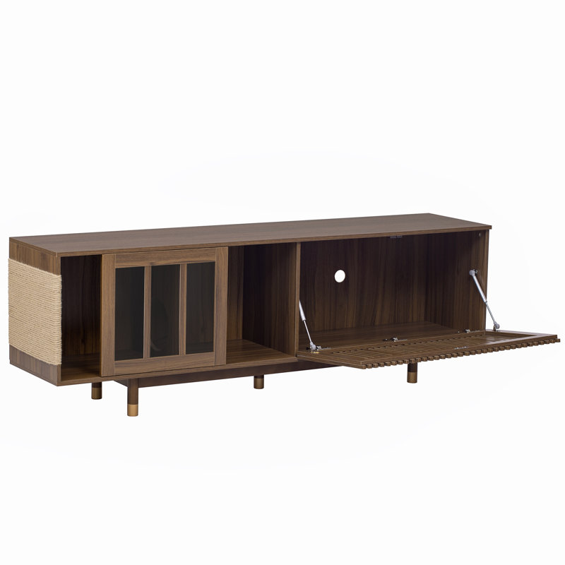 Meuble télé Mid-Century avec portes coulissantes en verre et grattoir en sisal, noyer