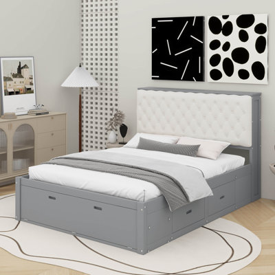 Grand lit plateforme avec tête de lit, étagère à chaussures et tiroirs
