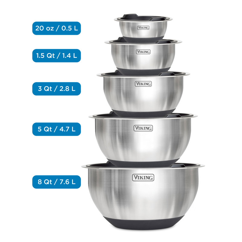 Viking 10 Piece Stainless Steel Mixing Bowl Set with Lids, Black