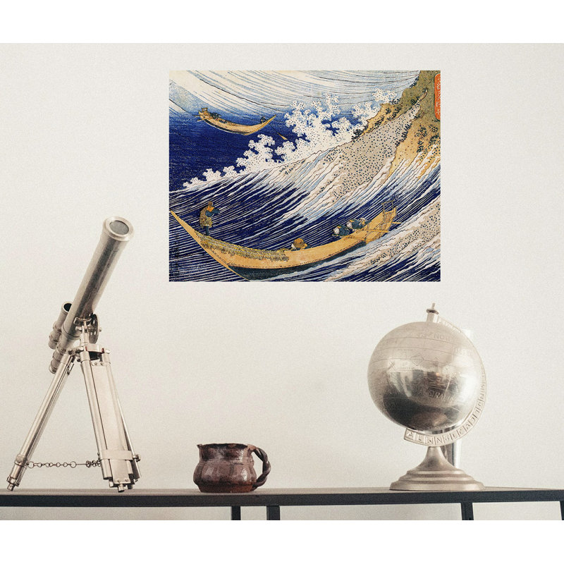 Décalcomanie murale amovible pour bateau japonais sur le vagues, H 14 po x l 18 po, Bleu / brun