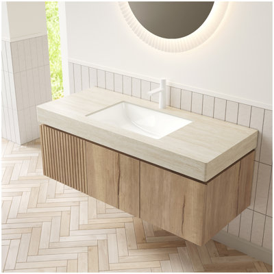 Comptoir en pierre frittée à motif de travertin 48 po MURI Roma et lavabo encastré en céramique avec un trou de robinet pré-percé standard, PAS d'armoire, pas de robinet ni de couvercle d'évier