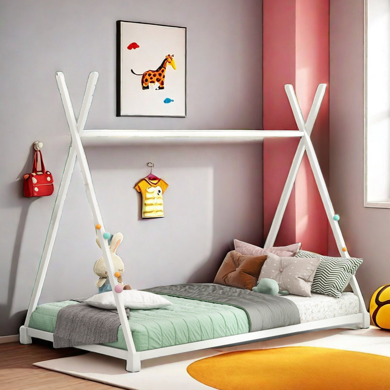 Amonette Metal House Platform Bed with Triangle Structure, White