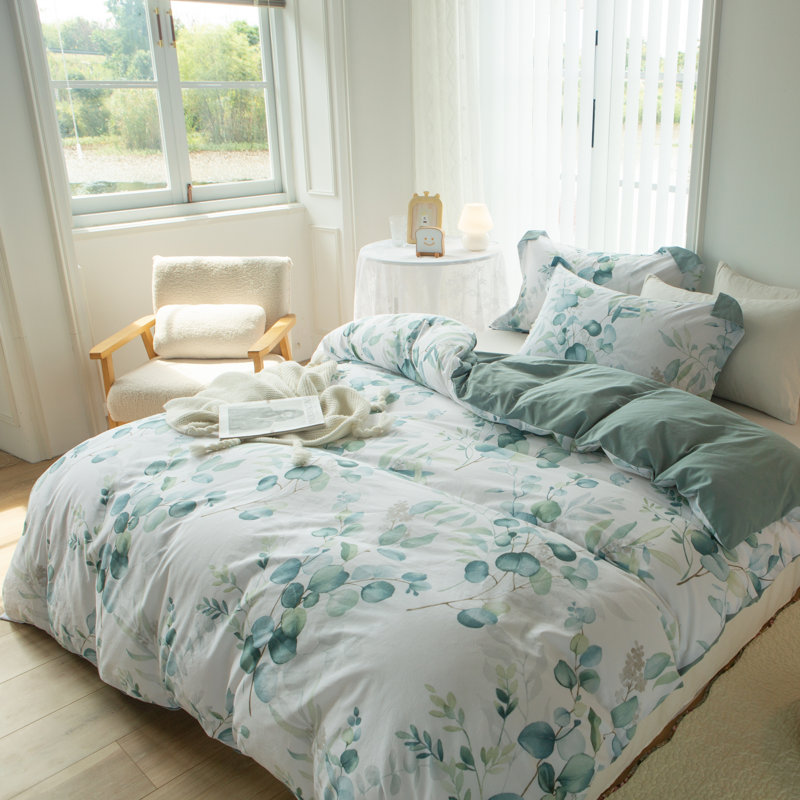 Schexnayder 100% Washed Cotton Duvet Cover Set – Linen-Like, Sage Green Leaf Print, Breathable with Zipper Closure