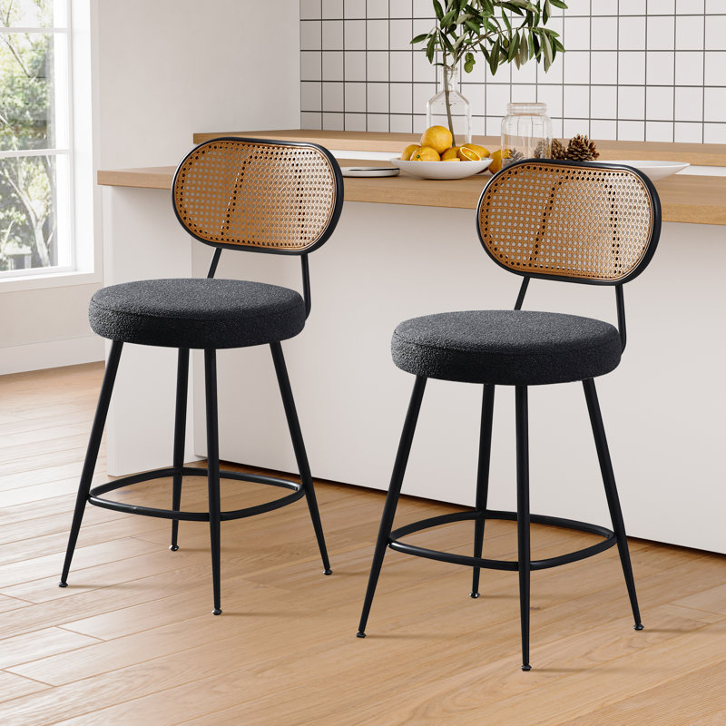 Tabouret de comptoir avec dossier en rotin, Noir, 2