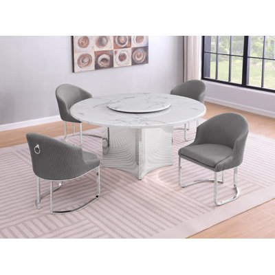 White Marble Dining Set With Lazy Susan And Teddy Fabric Chairs
