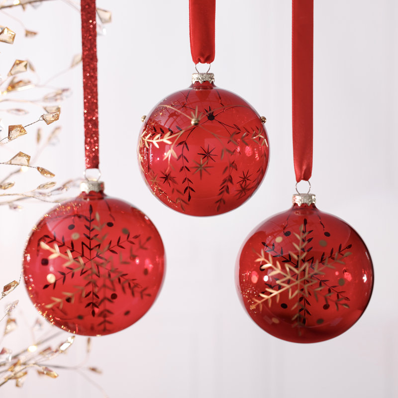 Boules de Noël en verre gravées de flocons de neige rouges et dorés, 3 modèles assortis, lot de 6