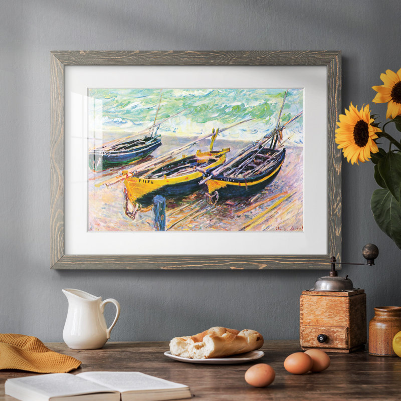 Trois bateaux de pêche à Eretrat par Monet, Gris, H 26 po x l 38 po