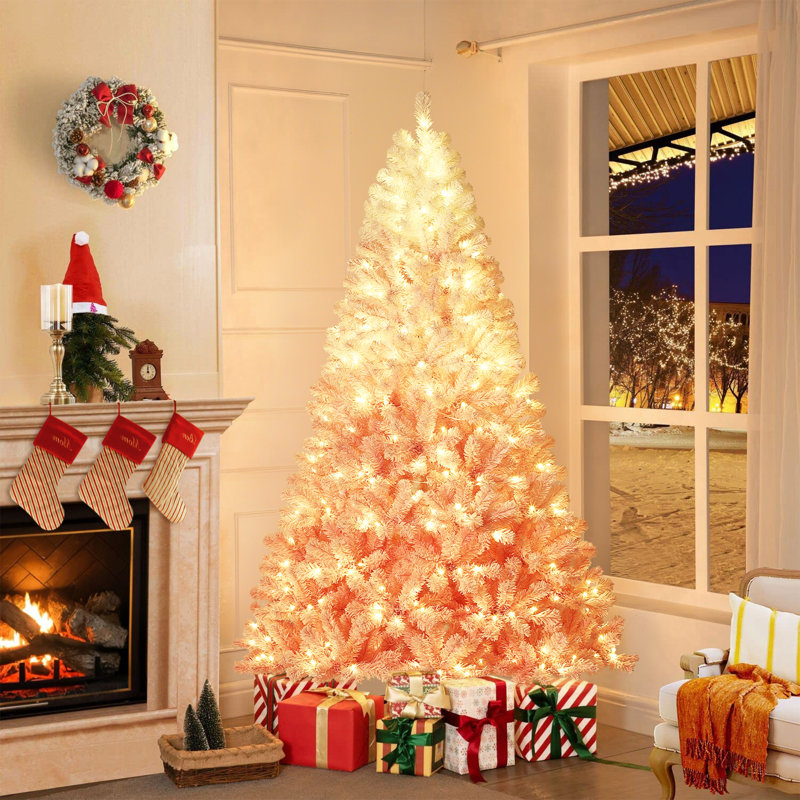 Arbre de Noël artificiel rose 7,5 pi avec 250 lumières RVB et blanc chaud, branches floquées par la neige, base pliable