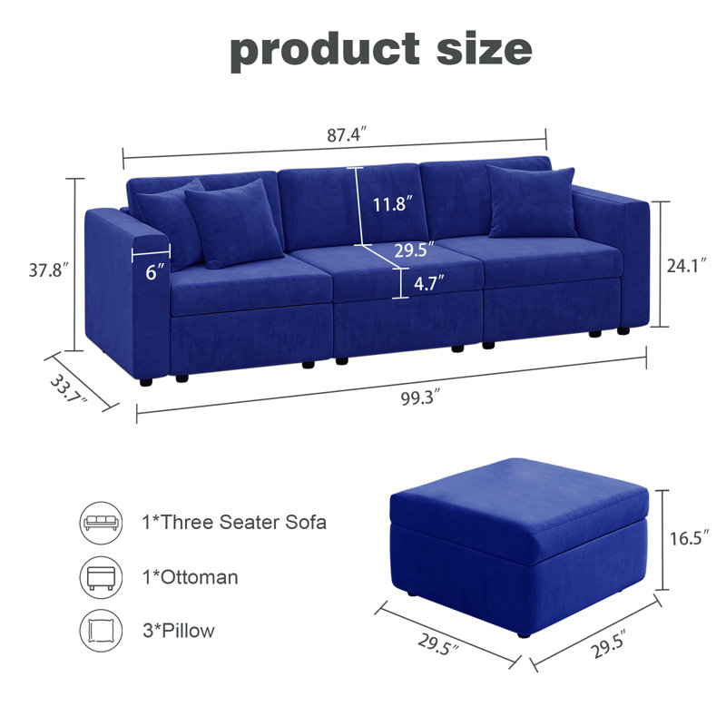 3 Seats Sofa Set, Deep Seat Modular Sectional Sofa, Modern Sofa Couch With Storage Seats, Blue