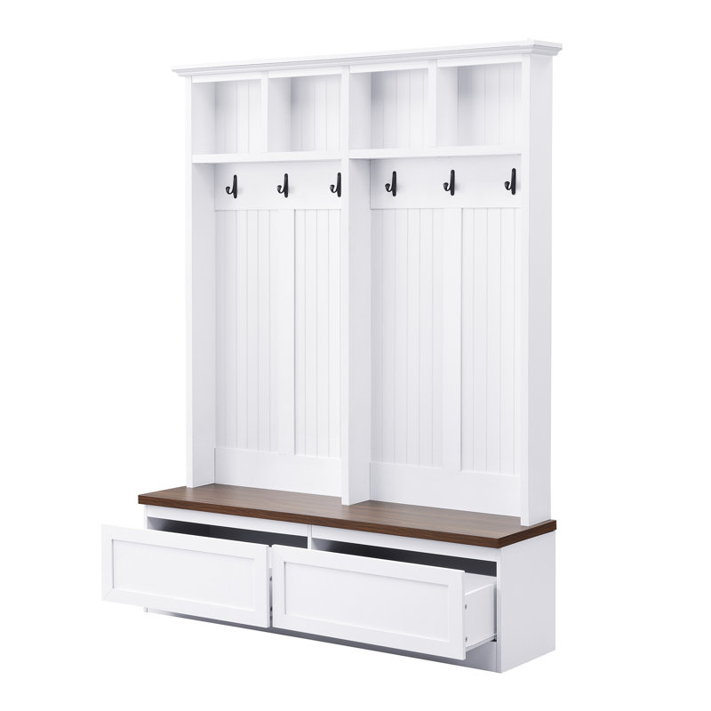Farmhouse 4-In-1 Hall Tree With Wood Grain Bench - 2 Drawers & Coat Rack For Entryway, White