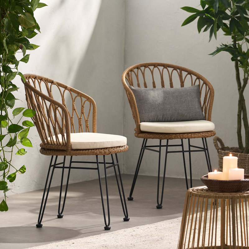 Chaise Tavon, 2 pièces avec 2 coussins, Coussin beige / cadre brun clair / noir