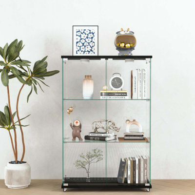 Vitrine moderne en verre avec lumières DEL, armoire antique à assemblage rapide, bibliothèque en verre trempé, convenant au salon et aux chambres à coucher, 2 tablettes à 3 portes