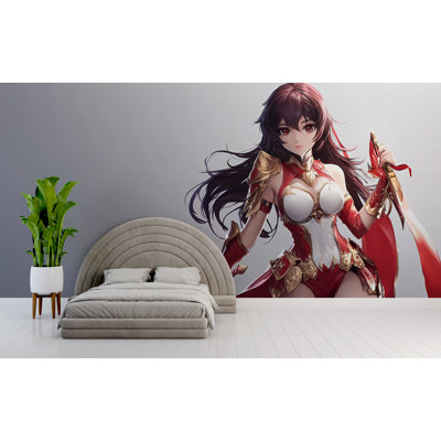 Anime Warrior Princess In Red Armor Wallpaper – Bold And Striking Anime-Style Wall Mural For Bedroom, Living Room, Or Office, Modern Japanese-Inspired Art