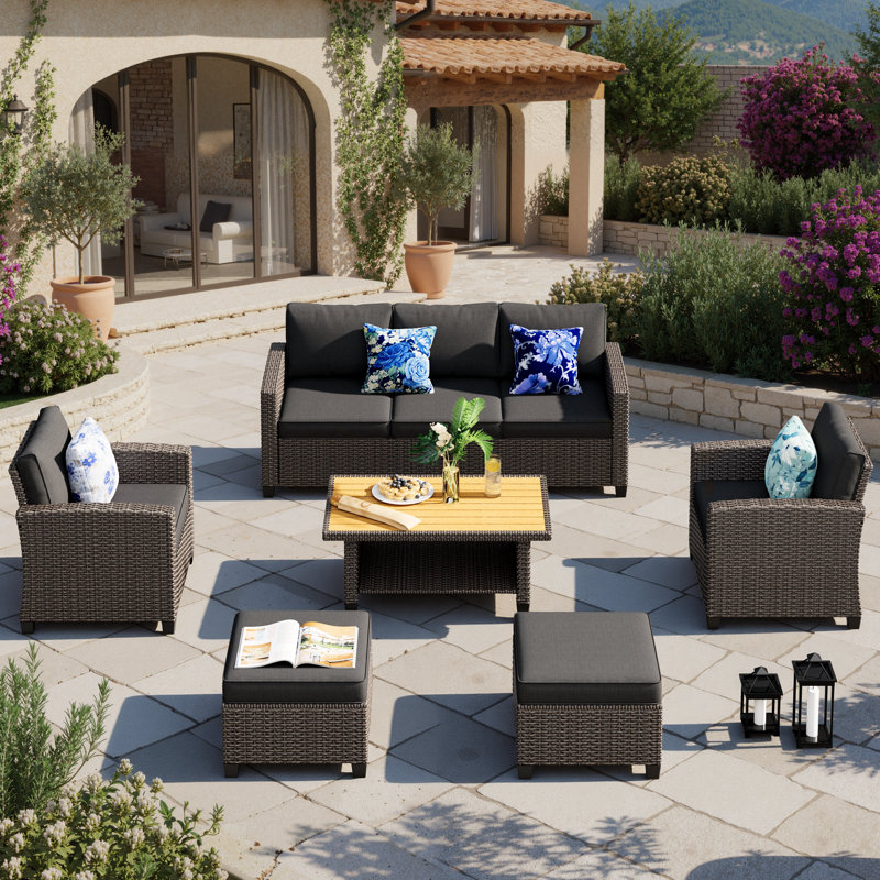 6 Pieces Patio Furniture Set, Outdoor Wicker Sofa Couch With Single Sofa 40" Coffee Table, High Back Modern All Weather Conversation Sets Dark Gray