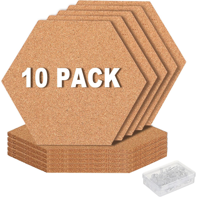 10 Pack Self-Adhesive Cork Board Tiles Hexagonal Cork Board Mini Wall Bulletin Board With 50 Multi-Colour Push Pins