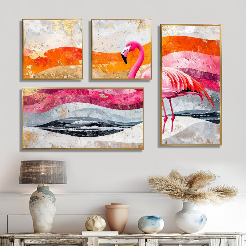 Or rose, flamant rose sur un paysage de plage audacieux I - animaux, reproduction d'art sur toile 4 pièces, Doré