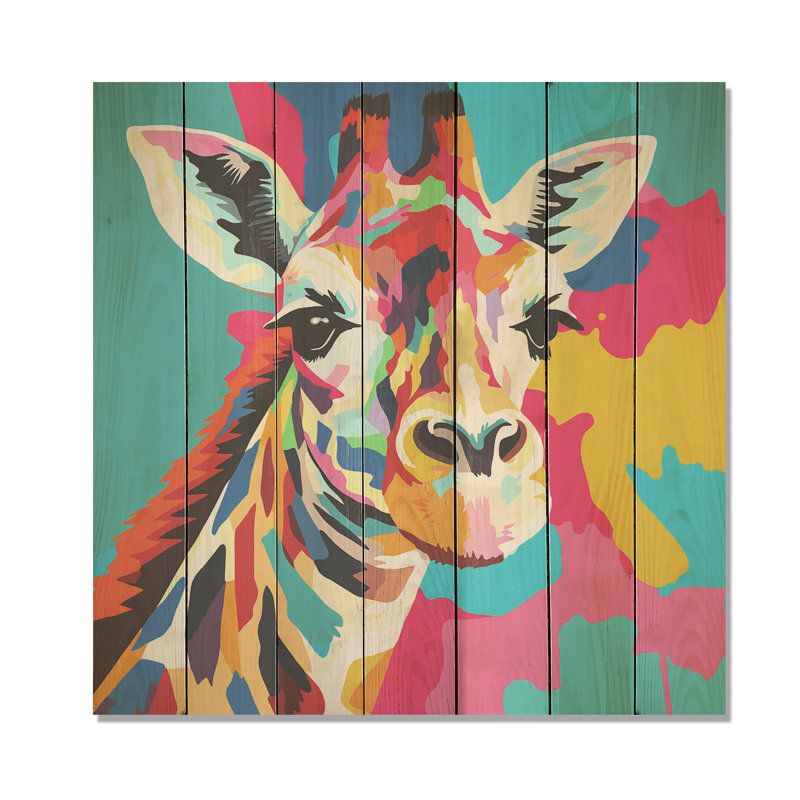 Portrait de girafe coloré I - animal girafe sur bois, H 15 po x l 15 po