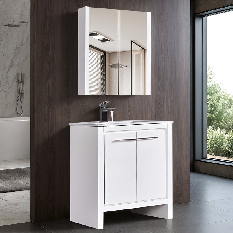 Artemis 30 " W Freestanding Standard Single Vanity Bathroom Vanity With Ceramic Top with Mirror, Glossy White