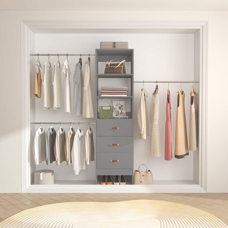 21"-96" Closet System With 3 Drawers And 3 Rods(Can Be Cut To Fit), Gray