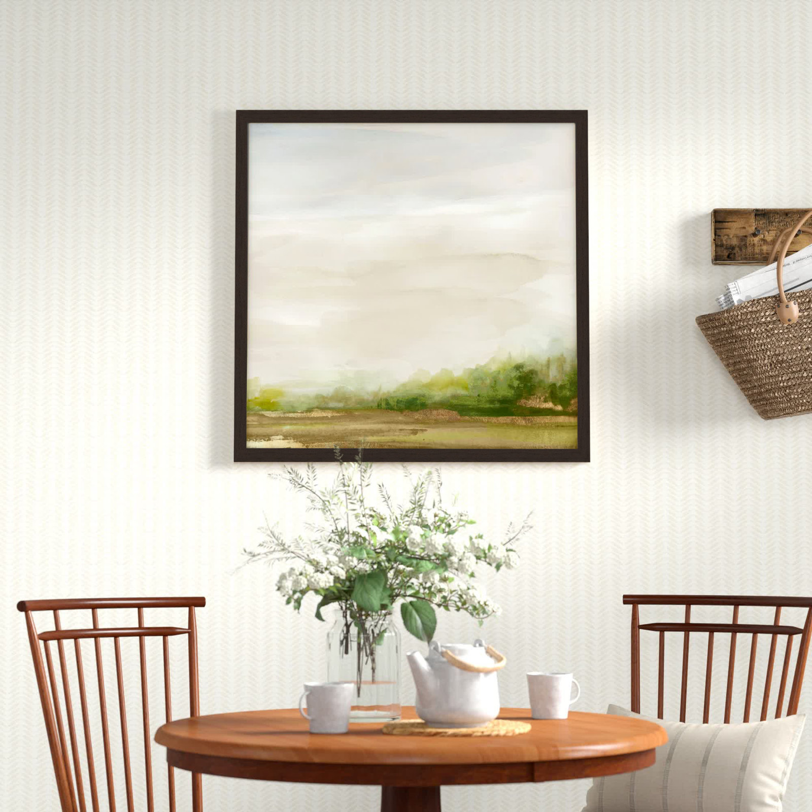 Icarus "Evening Stroll" Painting, 33" H x 33" W x 1.12" D, Walnut Framed