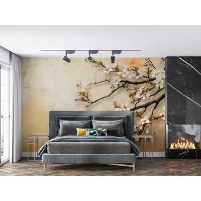 Papier peint branche de cerisier en fleurs sur un mur - Élégante murale orientale pour chambre à coucher, vestibule ou salon de luxe de style floral japonais