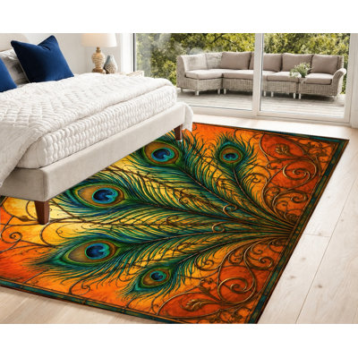 Velvet Surface Non‑Slip Area Rug, Bohemian Vibrant Peacock Feather Artistic Pattern, Decorative Floor Carpet, Elegant Indoor Home Decor for Living Room, Bedroom, Entryway, Kitchen, Balcony