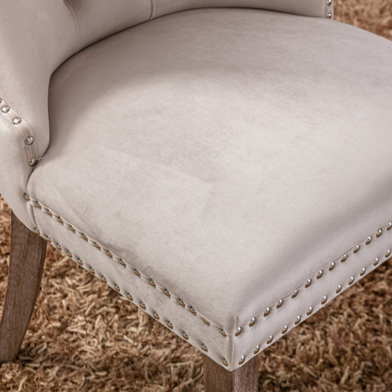 Knocker Ring Wing Back Velvet Dining Kitchen Chairs, Cream, Oak Wood