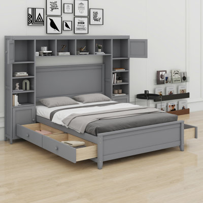 Wooden Bed With All-In-One Cabinet And Shelf