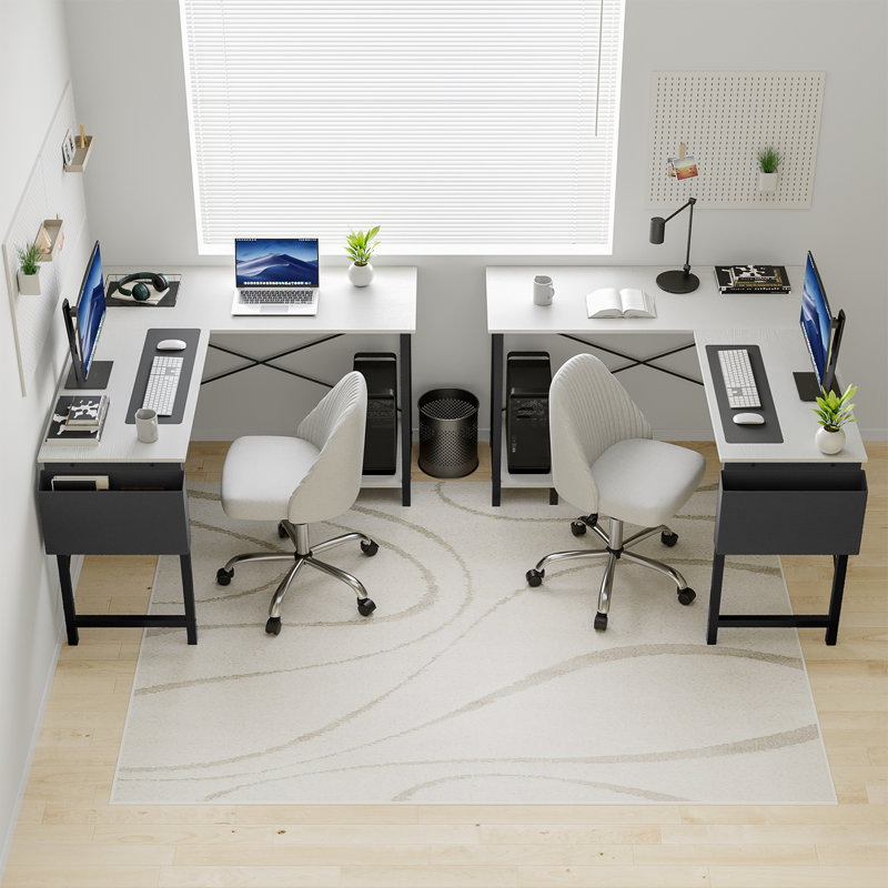 2-Set L-Shaped Computer Desk with Desk Monitor Stand and Side Storage Bag, White