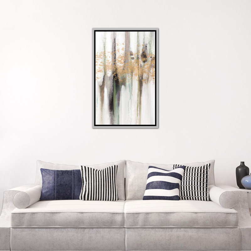 «Falling Gold Leaf I» par Studio W - reproduction sur toile tendue, H 48 po x l 32 po x P 1,5 po, Toile avec cadre argenté