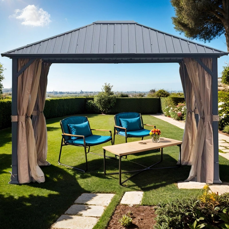 Pavillon de jardin extérieur en métal 10 x 12, résistant aux moustiques avec toit en acier galvanisé et polycarbonate