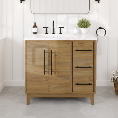Meuble-lavabo en chêne Burtch l 36 po x P 22 po avec comptoir en pierre d'ingénierie Arabescato blanc et lavabo encastré en céramique