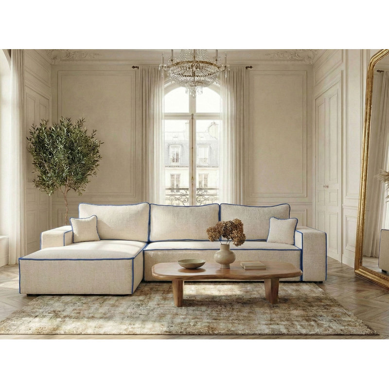 5 Seater Reclining Corner Sofa , Left Hand Facing, Cream/Navy PolyesterChenille