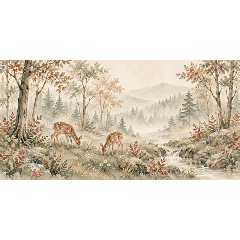 Grazing Fawns Wallpaper Mural, Peel and Stick Kids Room Wall Mural, Watercolor Woodland Nursery Wallpaper, 406 x 254 cm