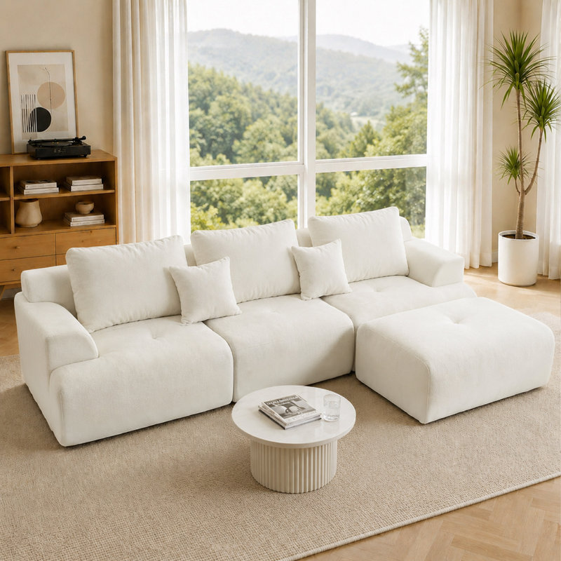Canapé modulaire en L 118 po avec coussins décoratifs et repose-pieds de 118 po de largeur, White Chenille