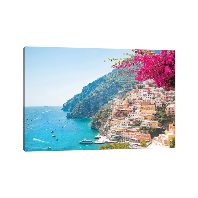 «Perfectly Pink Positano Beach» - Estampe numérique sur toile tendue avec châssis, H 12 po x l 18 po