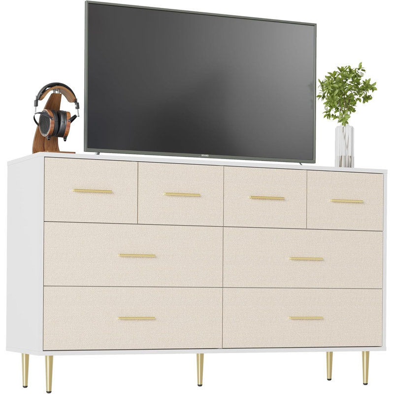 Commode blanche moderne, commode 8 tiroirs, commode en bois avec pieds en métal