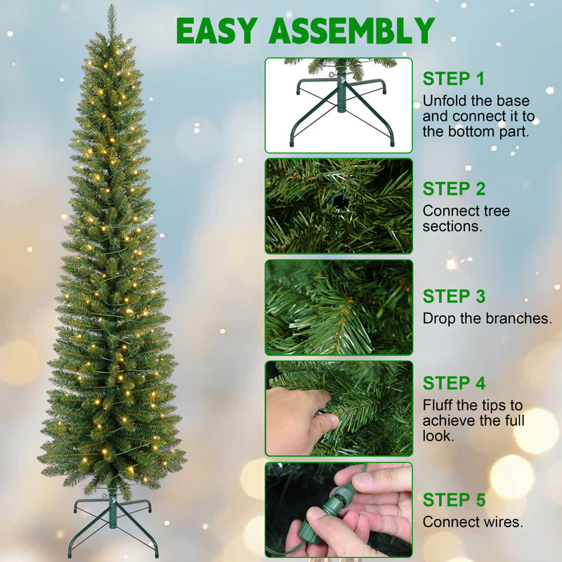Arbre de Noël 6 pi avec 150 lumières DEL chaudes - arbre en PVC mince avec 358 pointes, conception compacte, support en métal stable, facile à assembler