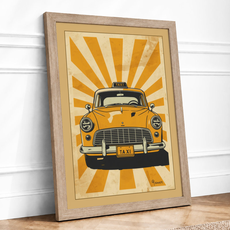 Yellow Taxi Sunburst Retro - Framed Print, A1 - 84.1 x 59.4 cm, Oak