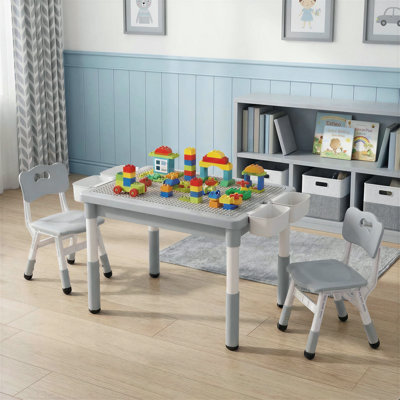 Kids Table And 2 Chairs Set, Height Adjustable Toddler Activity Lego Table With Large Storage & Double-Sided Graffiti/Block Building Tabletop, 4 Drawers For Home, Preschool, Classroom(Gray)
