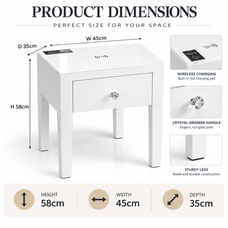 Smart White Glass LED Bedside Table - Wireless Charging & Speaker