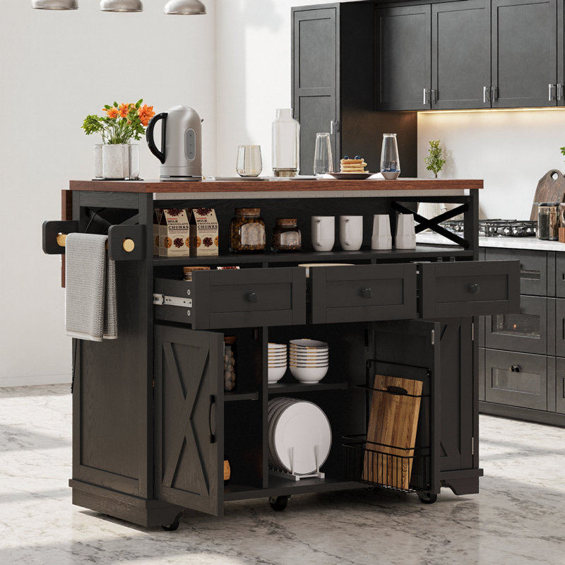 Farmhouse Kitchen Island with Bead Drape, Power Outlet, Drop Leaf & Hidden Wheels, Black, Black