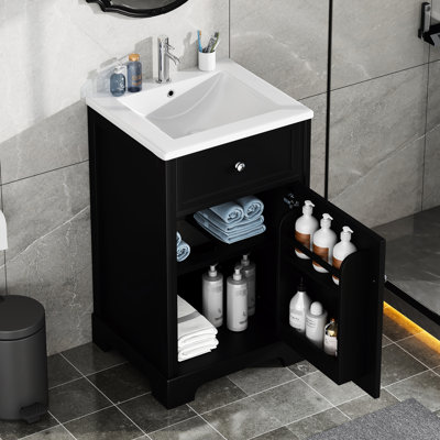 20-inch Bathroom Vanity In Black, White Ceramic Sink, Soft Closing Door, And Ample Storage 20" With Single Hole Faucet Mount, Black Cabinet, Adjustable Shelve, Round Handle