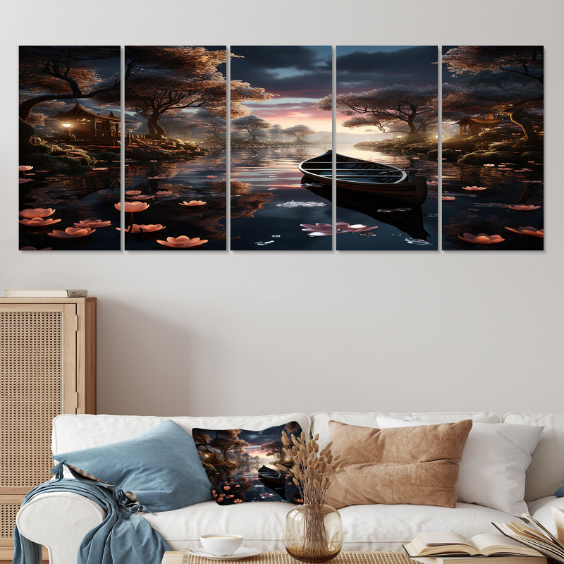 Dériveur flottant sur un étang de lotus magique brumeux - lac, art mural 5 pièces, H 32 po x l 80 po