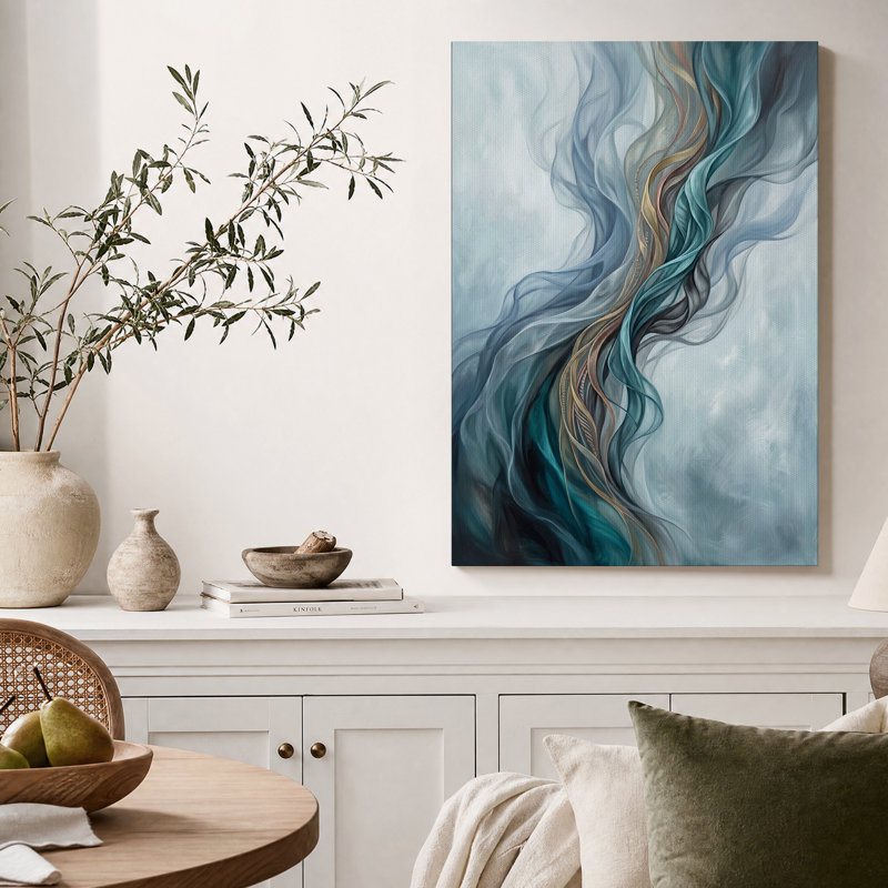 Tableau abstrait sur toile à motifs de rubans tourbillonnants bleus et or, H 30 po x l 20 po