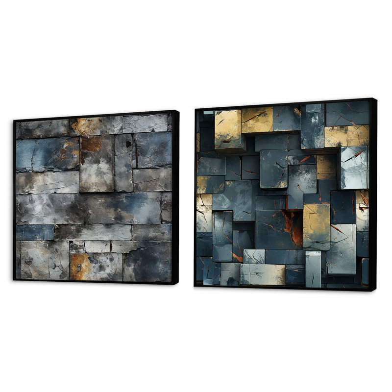 Fontayne - Ensemble de 2 collages carrés abstraits, Cadre flottant noir, H 30 po x l 61 po