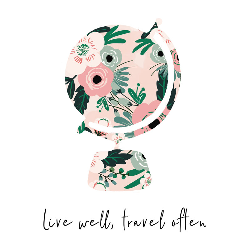 Live Well Travel Often Floral Globe - Painting Print, 46cm H x 30cm W, Black Floater Framed