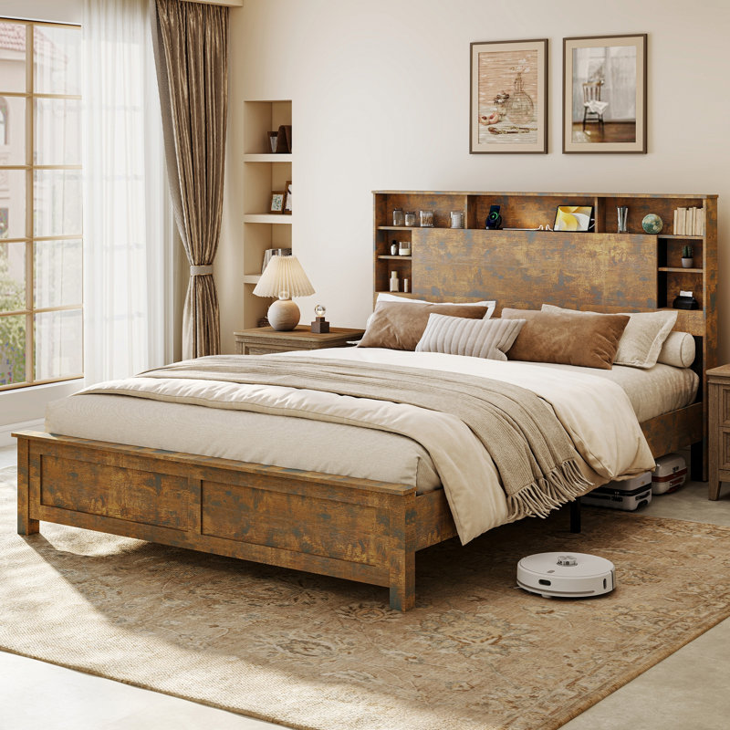 Wood Bed Frame with Storage Headboard, LED Platform Beds with Charging Station, No Box Spring Needed, Queen